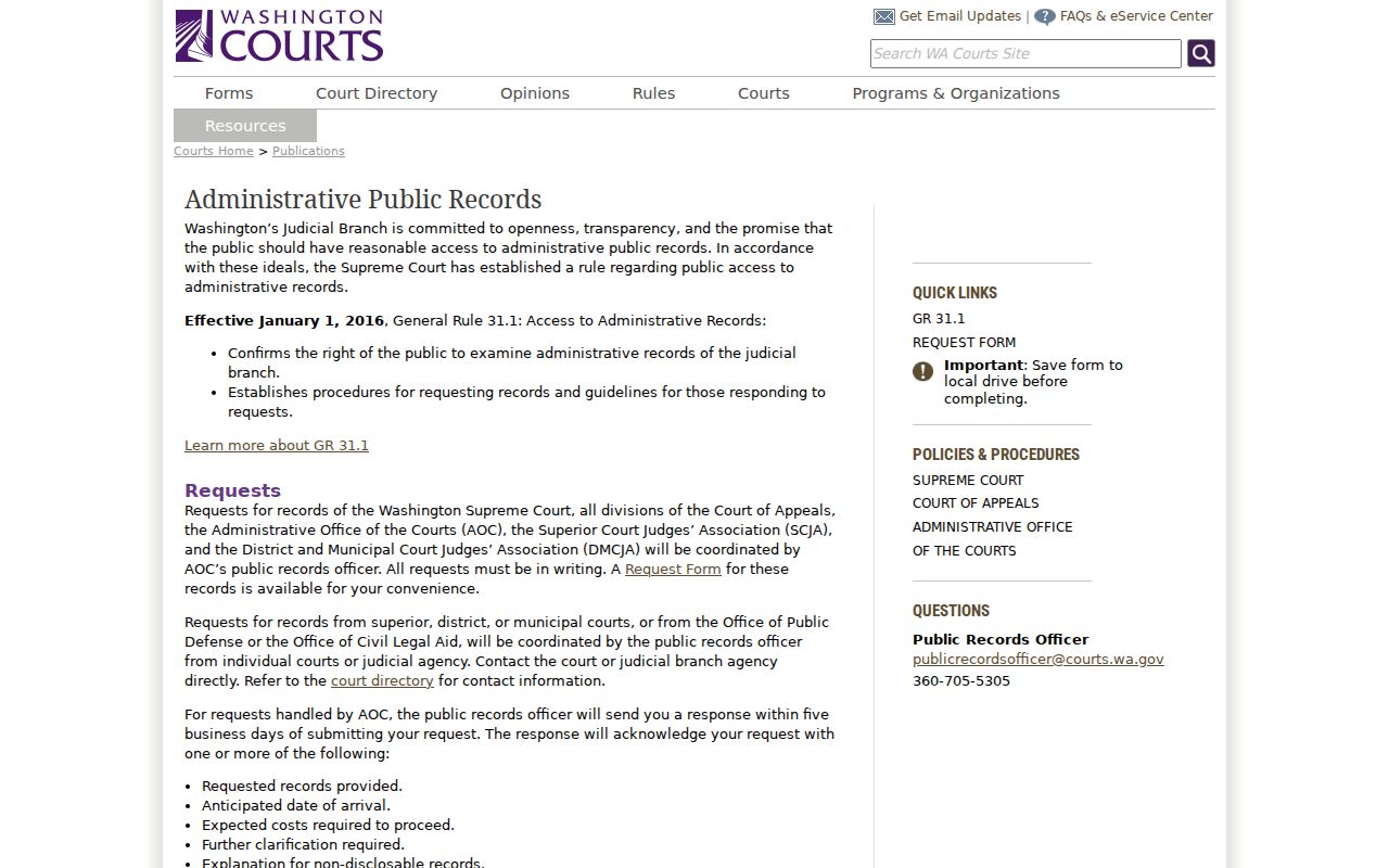 Washington Courts Administrative Public Records page explaining GR 31.1 requests to the judicial branch