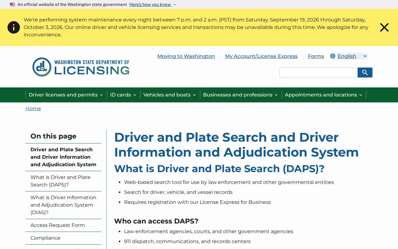 Washington DOL DAPS and DIAS page describing government access to driver and citation adjudication tools