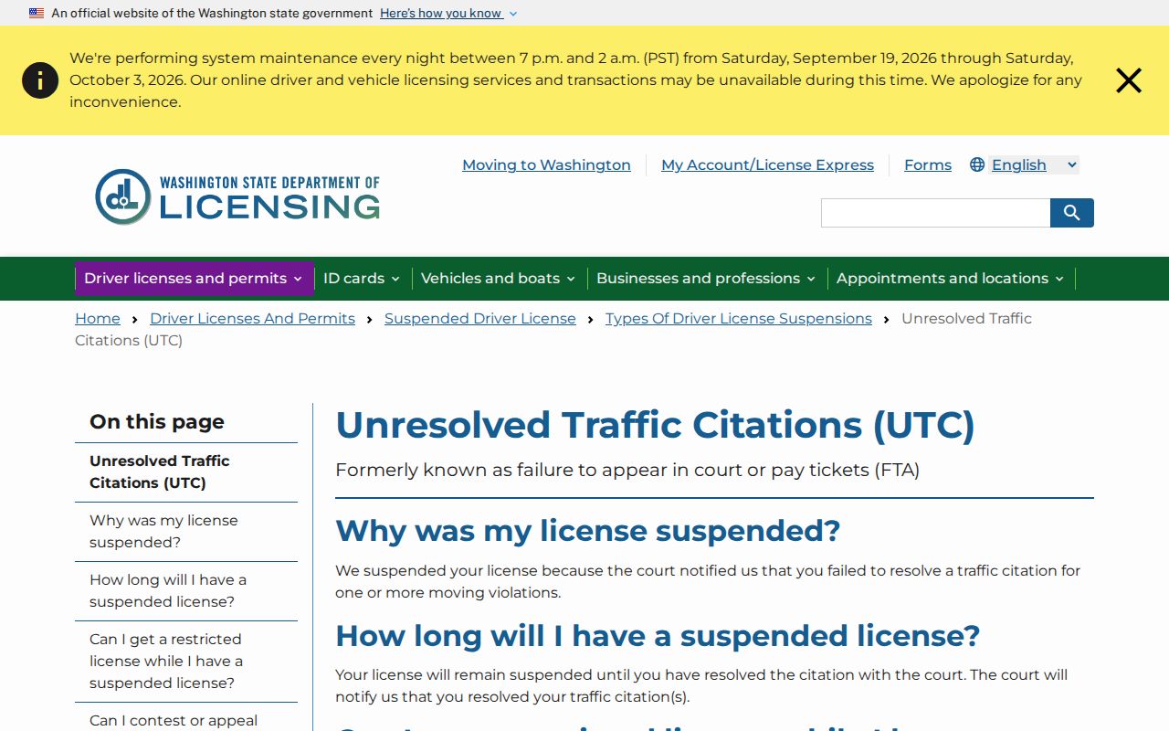 Washington DOL unresolved traffic citation page explaining court-reported license holds