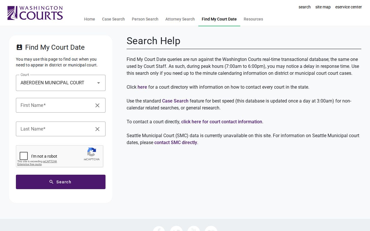 Washington Courts Find My Court Date form with a lower-court selector, first and last name fields, CAPTCHA and Search button