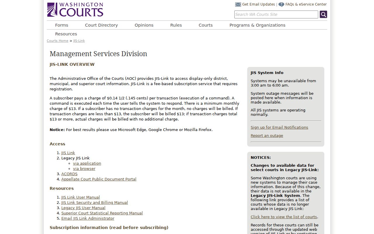 Washington Courts JIS-Link access page describing its subscription and transaction billing