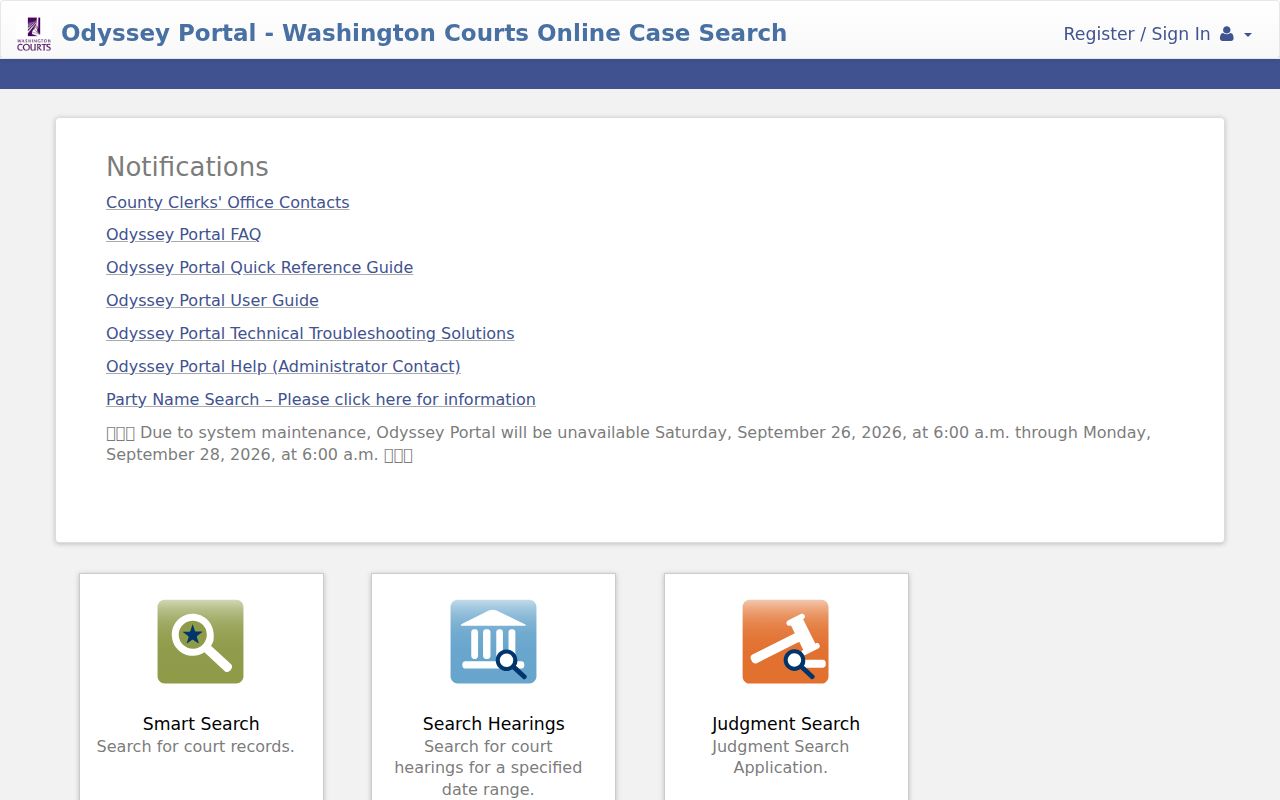 Washington Courts Odyssey Portal landing page with Smart Search and separate Search Hearings and Judgment Search options