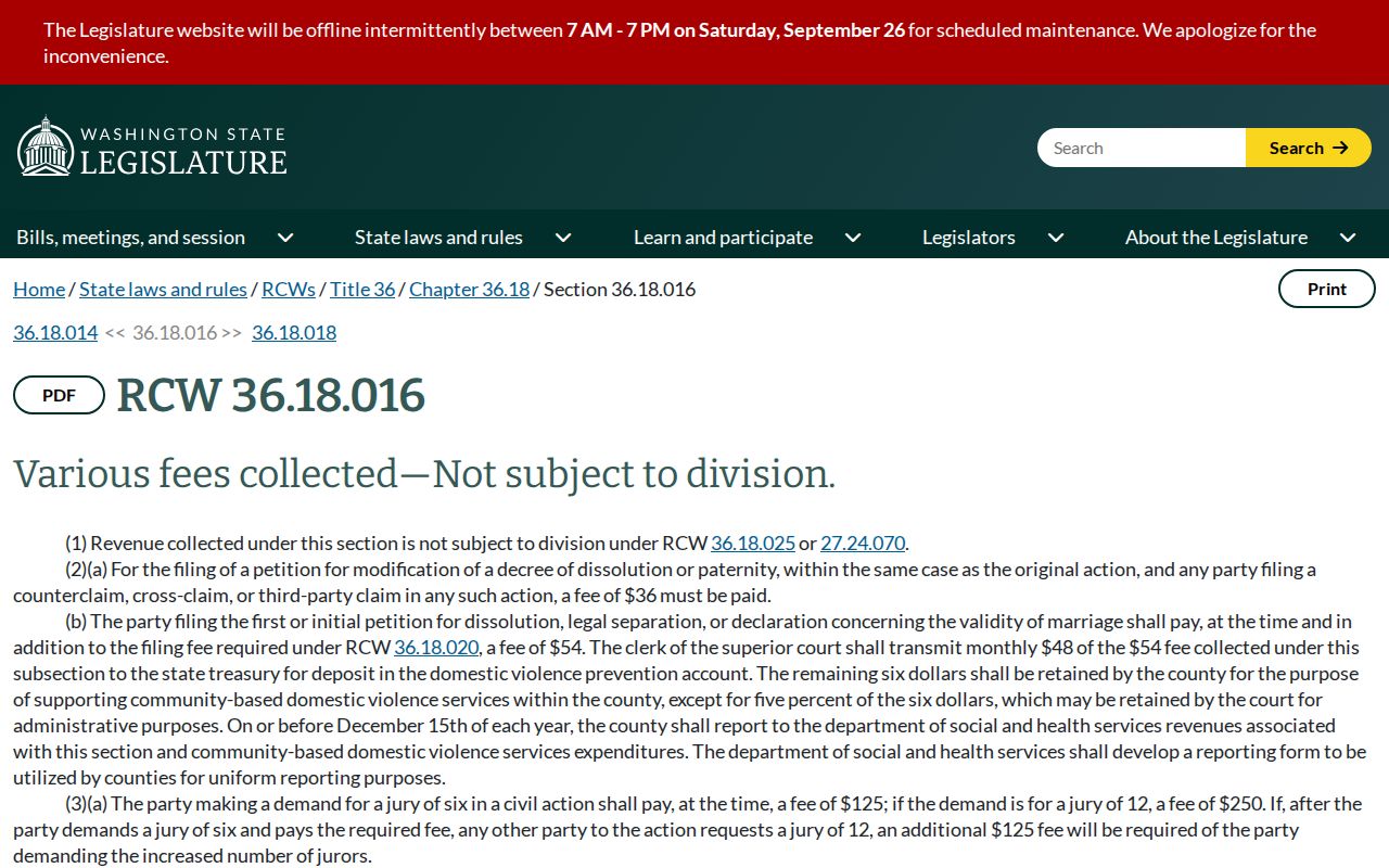 Washington Legislature page for RCW 36.18.016, the Superior Court Clerk's statutory fee schedule