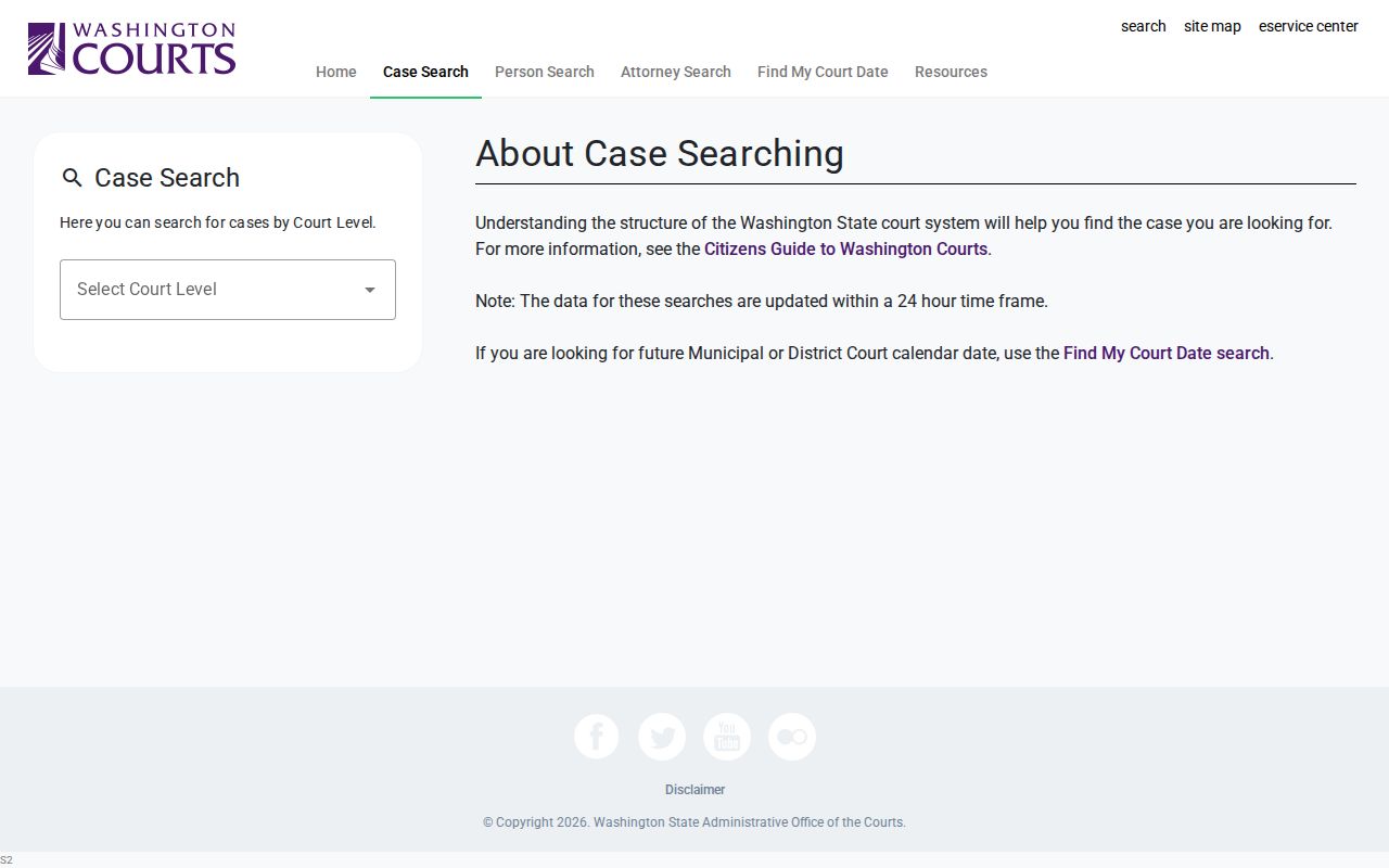 Washington Courts Case Search page showing the statewide court-level selector and its 24-hour data notice